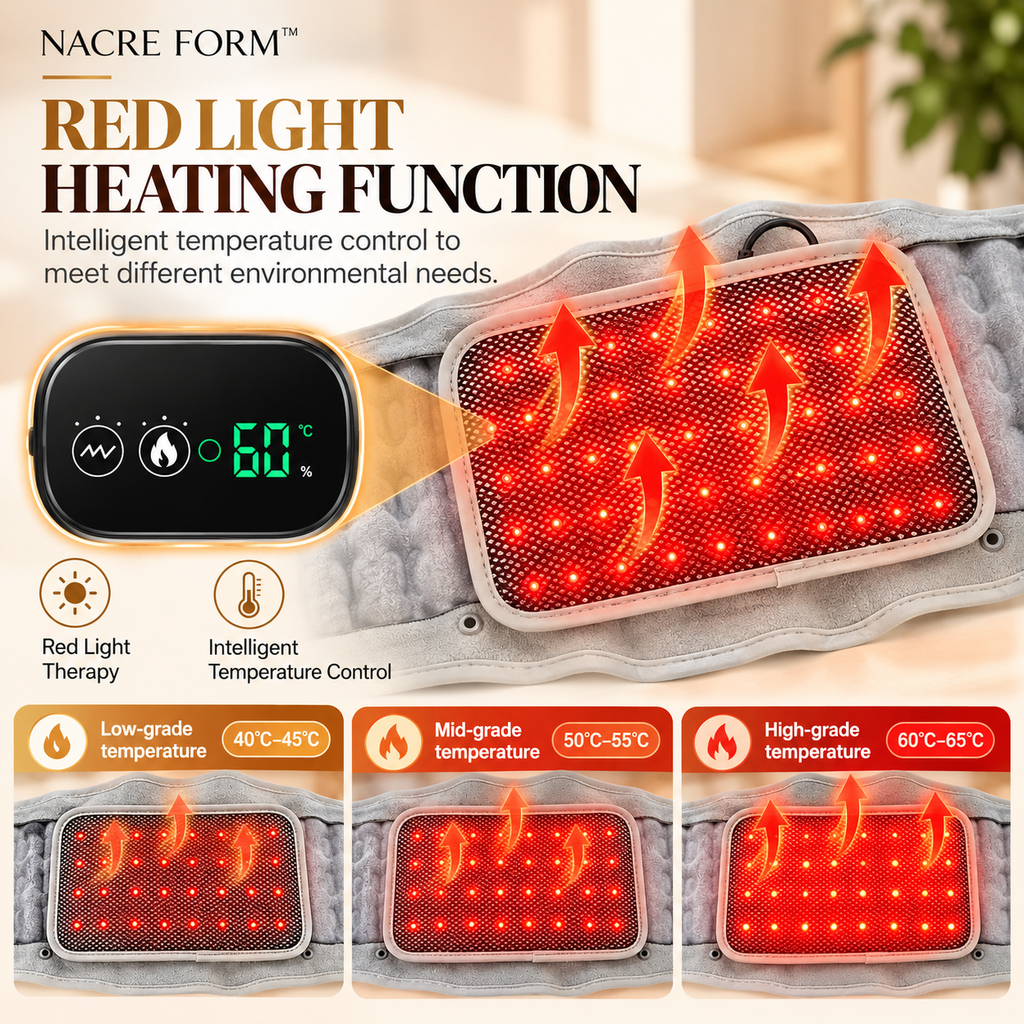 NACRE FORM™ lower back massager with heat and inflatable lumbar support belt, featuring an integrated red light heating pad and digital temperature controller. Close-up of the adjustable heated back support with illuminated red LEDs and three heat settings for personalised lower back comfort.