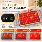 NACRE FORM™ lower back massager with heat and inflatable lumbar support belt, featuring an integrated red light heating pad and digital temperature controller. Close-up of the adjustable heated back support with illuminated red LEDs and three heat settings for personalised lower back comfort.