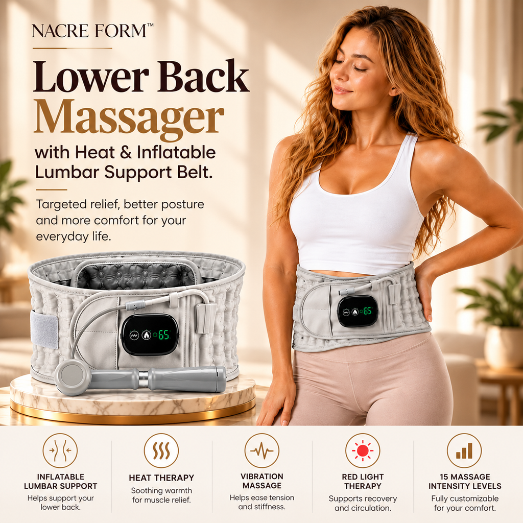 NACRE FORM™ lower back massager with heat and inflatable lumbar support belt shown beside a woman wearing the adjustable grey back support. Featuring a digital temperature controller, inflatable air support and a handheld inflation pump, this heated lumbar support belt is designed for personalised lower back comfort. Ideal for use at home, the wearable back massager combines adjustable support and soothing warmth for everyday relaxation.