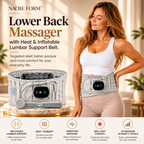 NACRE FORM™ lower back massager with heat and inflatable lumbar support belt shown beside a woman wearing the adjustable grey back support. Featuring a digital temperature controller, inflatable air support and a handheld inflation pump, this heated lumbar support belt is designed for personalised lower back comfort. Ideal for use at home, the wearable back massager combines adjustable support and soothing warmth for everyday relaxation.