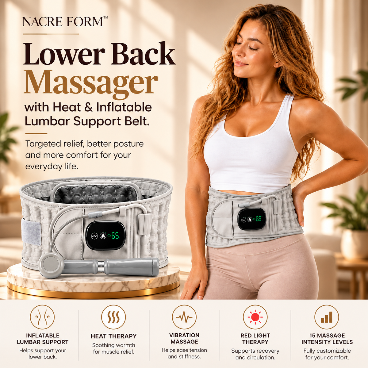 NACRE FORM™ lower back massager with heat and inflatable lumbar support belt shown beside a woman wearing the adjustable grey back support. Featuring a digital temperature controller, inflatable air support and a handheld inflation pump, this heated lumbar support belt is designed for personalised lower back comfort. Ideal for use at home, the wearable back massager combines adjustable support and soothing warmth for everyday relaxation.