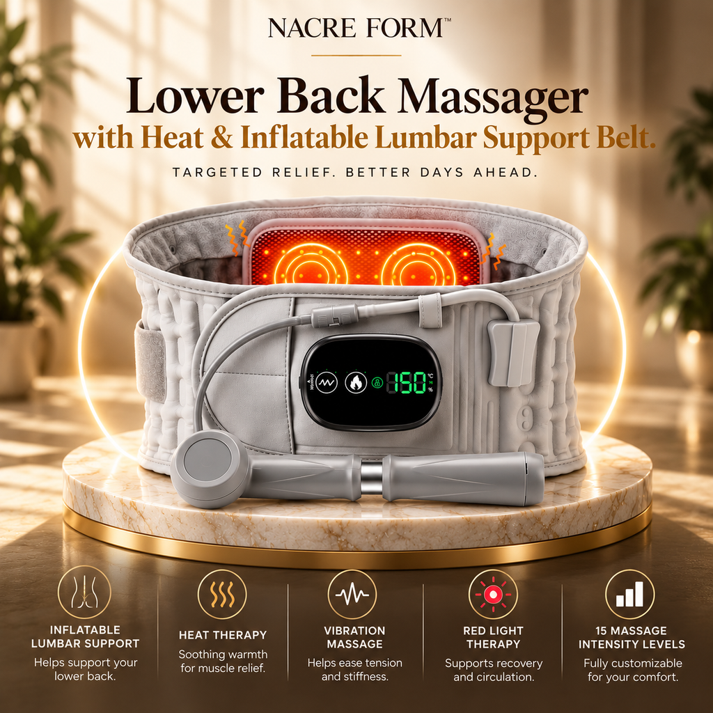 NACRE FORM™ lower back massager with heat and inflatable lumbar support belt in grey, featuring an adjustable air compression design, digital temperature controller, heated lumbar massage pad and manual inflation pump. This wearable heated back support belt combines soothing warmth and adjustable lumbar support for everyday comfort, making it suitable for relaxing at home or unwinding after long periods of sitting.