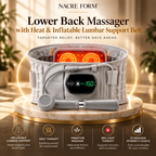 NACRE FORM™ lower back massager with heat and inflatable lumbar support belt in grey, featuring an adjustable air compression design, digital temperature controller, heated lumbar massage pad and manual inflation pump. This wearable heated back support belt combines soothing warmth and adjustable lumbar support for everyday comfort, making it suitable for relaxing at home or unwinding after long periods of sitting.