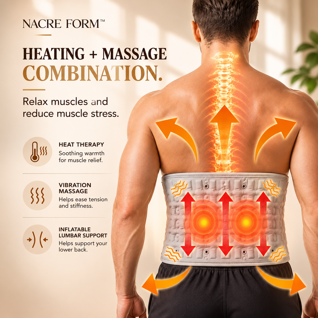 NACRE FORM™ lower back massager with heat and inflatable lumbar support belt worn by a man, showing the adjustable grey back support wrapped around his lower back. The illustration highlights soothing heat, vibration massage and inflatable lumbar support, with directional arrows demonstrating the massage and warming areas. This wearable heated back massager is designed for personalised lower back comfort and relaxation, making it a practical addition to an everyday wellness routine at home.