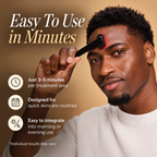 Man wearing a cream jumper using a NACRE FORM™ handheld red light therapy wand on his forehead as part of a simple facial skincare routine. The premium lifestyle image shows a compact black LED face wand with an illuminated red treatment head positioned above the eyebrow, demonstrating targeted forehead skincare and convenient at-home facial care for men. The promotional infographic highlights the easy-to-use design of this portable red light facial device