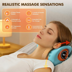 Woman resting with the NACRE FORM™ neck massager with heat and vibration, illustrating a soothing massage experience for tired neck muscles and shoulder tension after a demanding day.