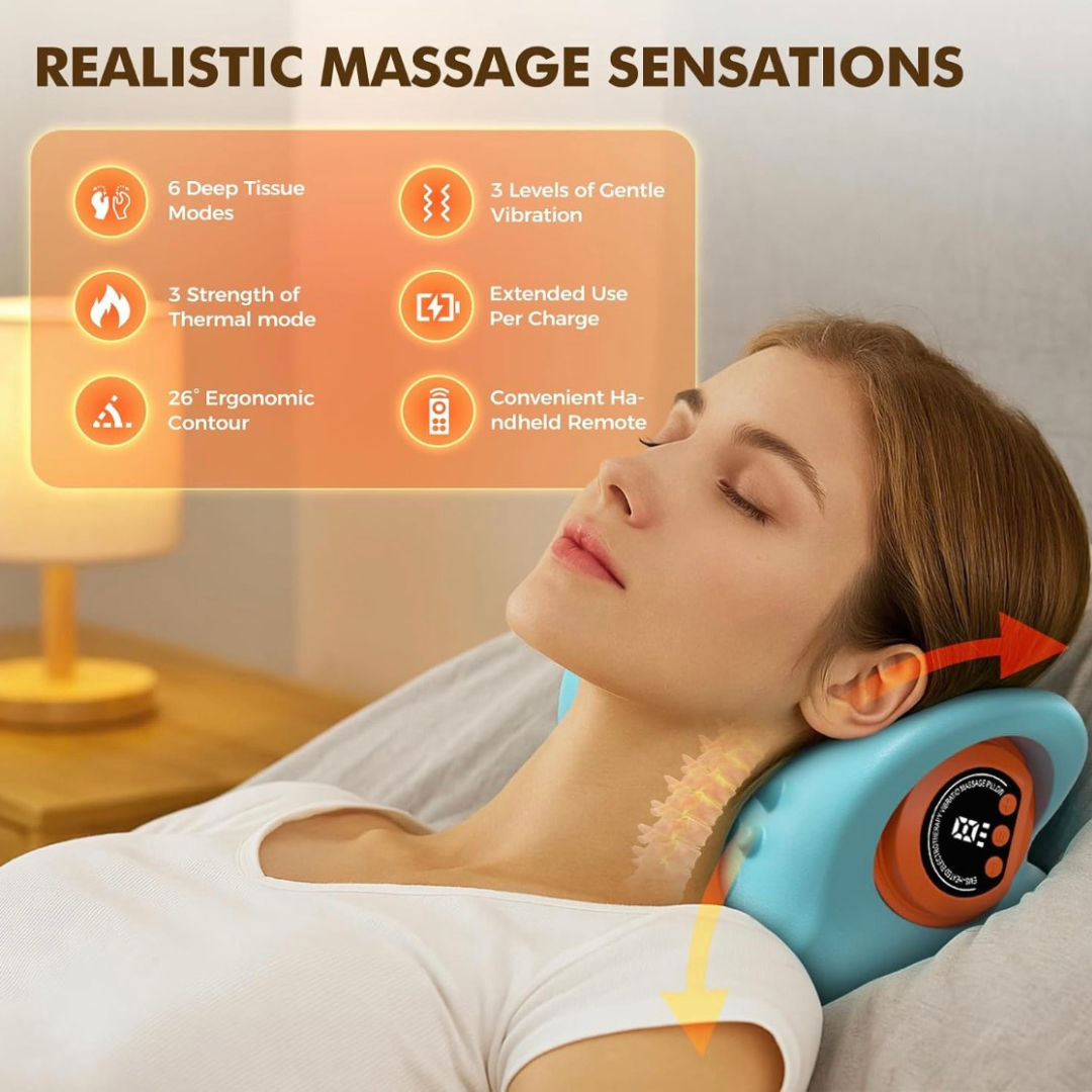 Woman resting with the NACRE FORM™ neck massager with heat and vibration, illustrating a soothing massage experience for tired neck muscles and shoulder tension after a demanding day.
