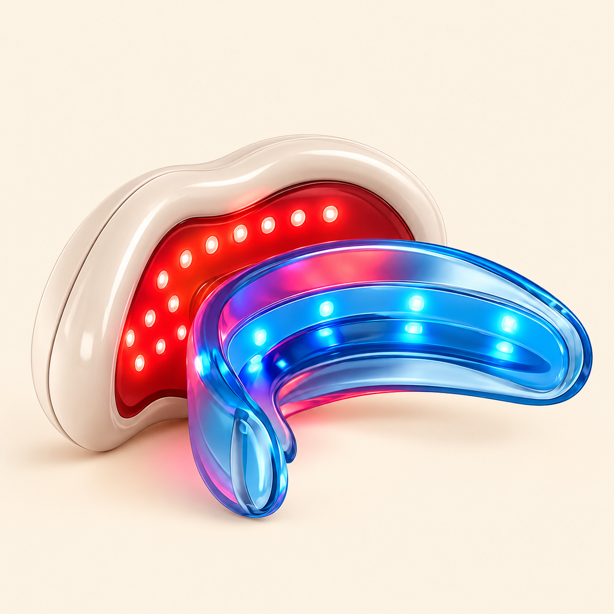 NACRE FORM™ oral red light therapy device with illuminated red LED panel and blue LED mouthpiece, designed for at-home teeth, gum and lip care routines.