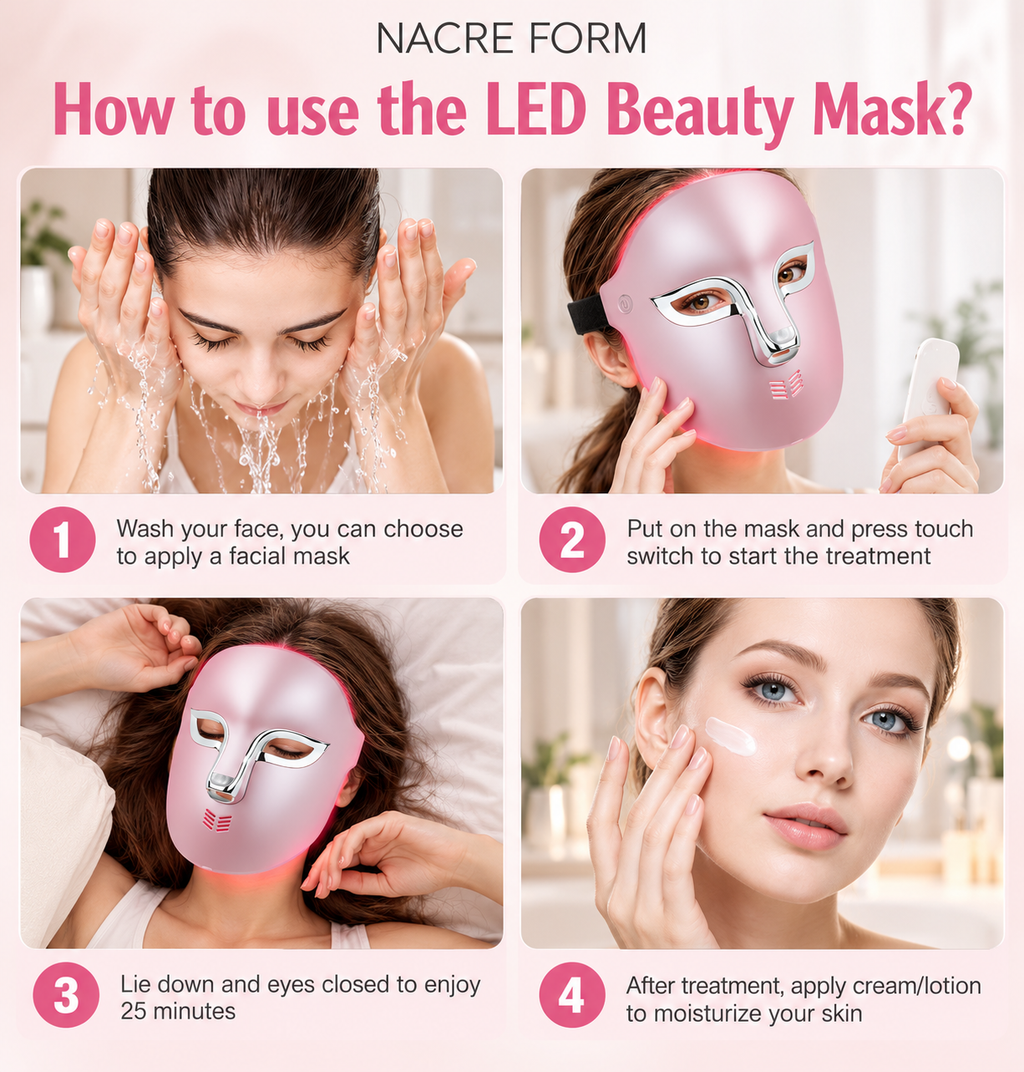 NACRE FORM step-by-step guide showing how to use a pink LED light therapy face mask for an at-home facial skincare routine. Four illustrated steps demonstrate cleansing the face before use, putting on the wearable LED beauty mask with metallic silver detailing and activating the device, relaxing with eyes closed during a 25-minute light therapy session, and applying facial moisturiser afterwards. The infographic highlights a simple home beauty routine using a pink LED facial mask, suitable for customers