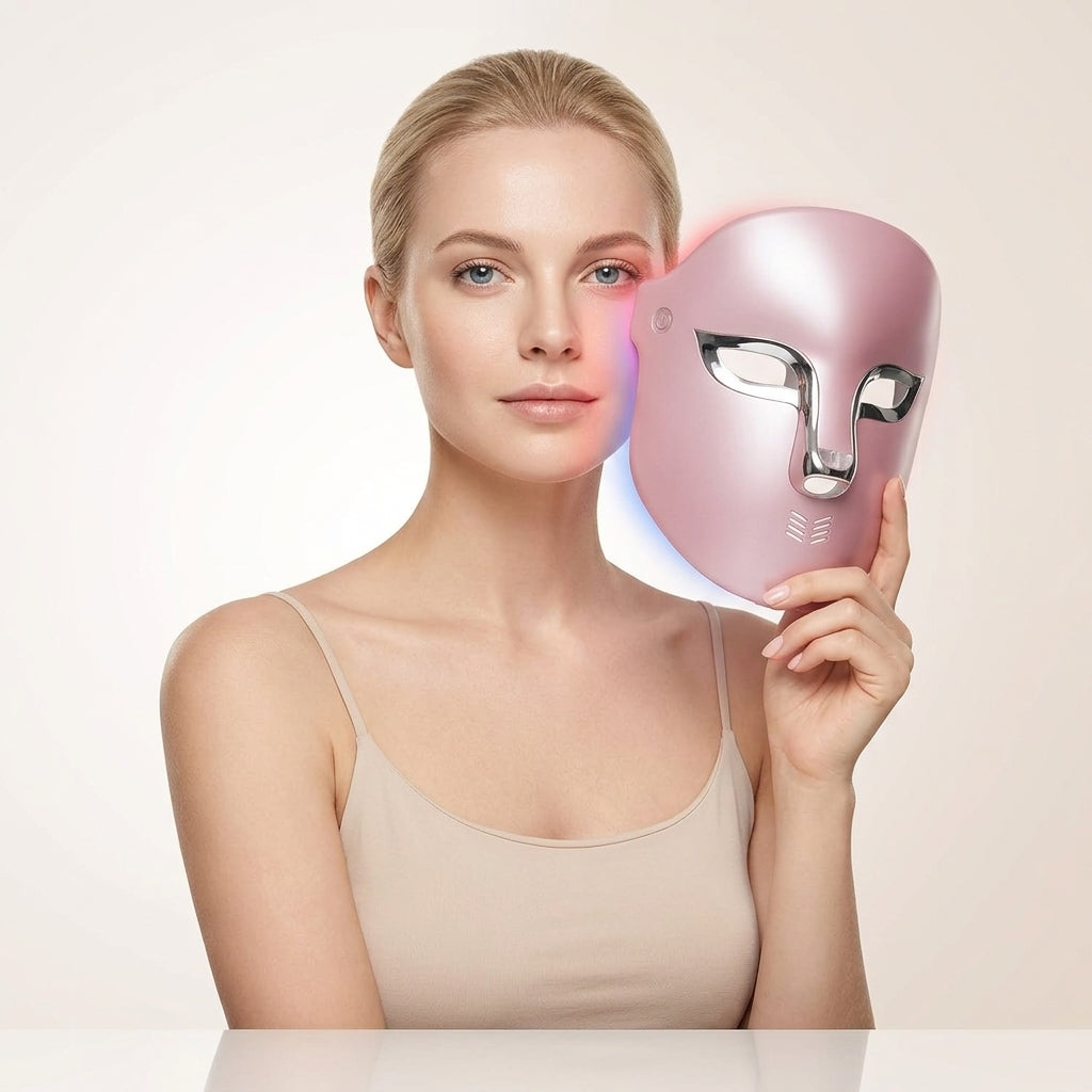 Blonde woman holding a pink LED red light therapy face mask beside her face against a soft neutral background. The NACRE FORM™ rechargeable LED facial beauty device features a metallic silver eye and nose design, an ergonomic full-face shape and four light settings, including red, blue, pink and near-infrared. Designed for convenient at-home skincare, this LED light therapy face mask complements beauty routines focused on the appearance of fine lines, uneven skin texture and visible signs of ageing.