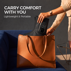 NACRE FORM™ portable cordless air compression foot and ankle massager being placed inside a brown leather handbag. The lifestyle image highlights a lightweight, rechargeable electric foot massager with a black wearable compression boot, integrated digital control panel, adjustable massage settings and side zip fastening. Designed for convenient transport, this compact foot and ankle massage device makes it easier to enjoy a personalised relaxation routine at home or while travelling.