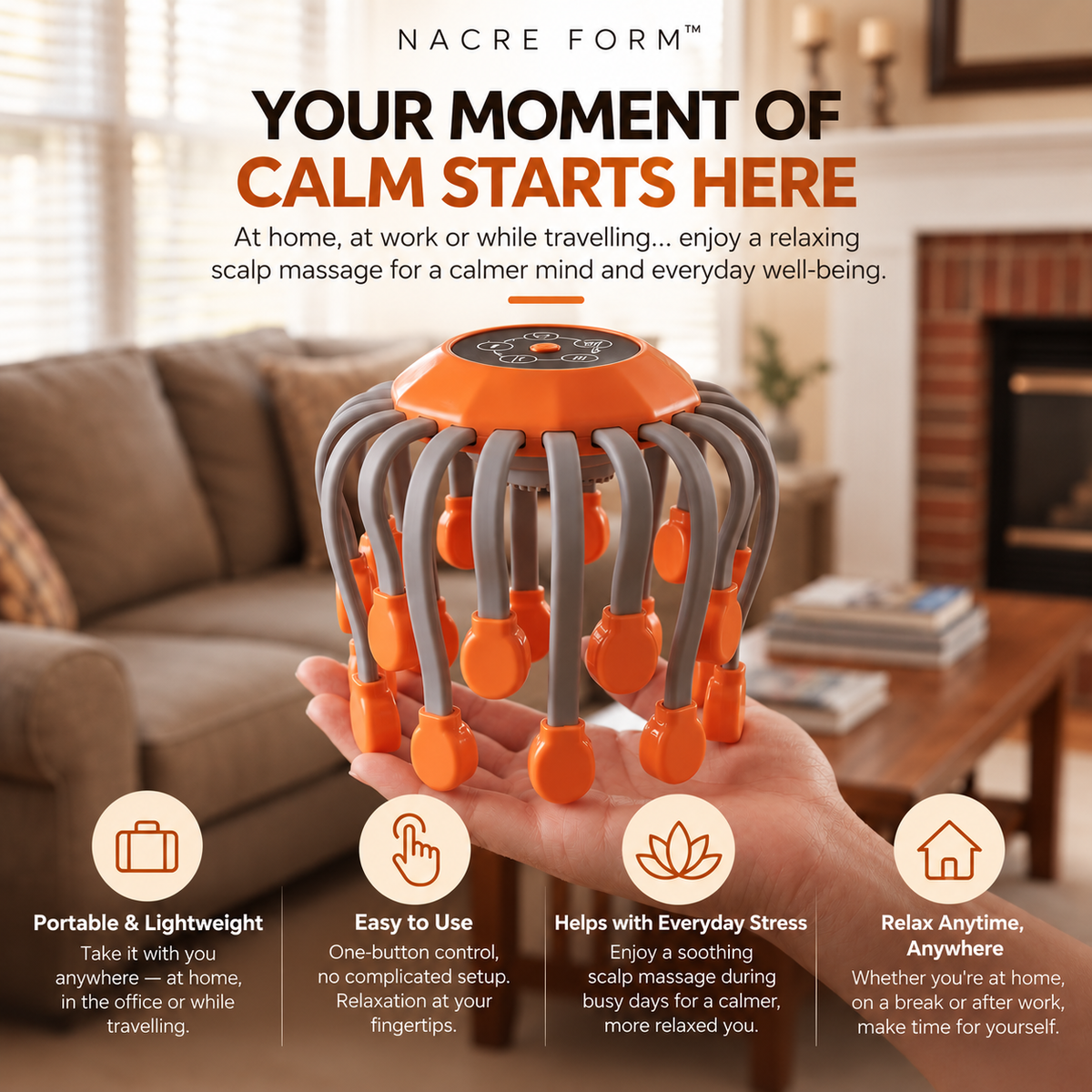 NACRE FORM™ portable electric head and scalp massager with flexible silicone massage heads, held in one hand in a relaxing home setting, ideal for a soothing scalp massage after long days, everyday stress and mental fatigue.