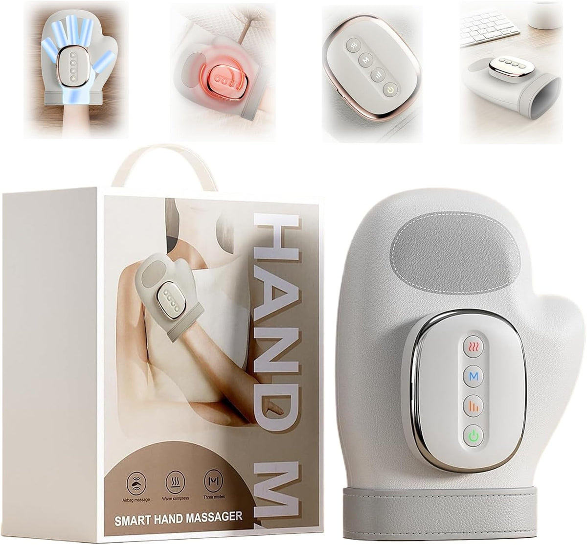 NACRE FORM™ portable heated hand massager with air compression, shown alongside its product packaging, featuring an ergonomic glove-shaped design and integrated controls for relaxing hand massage.