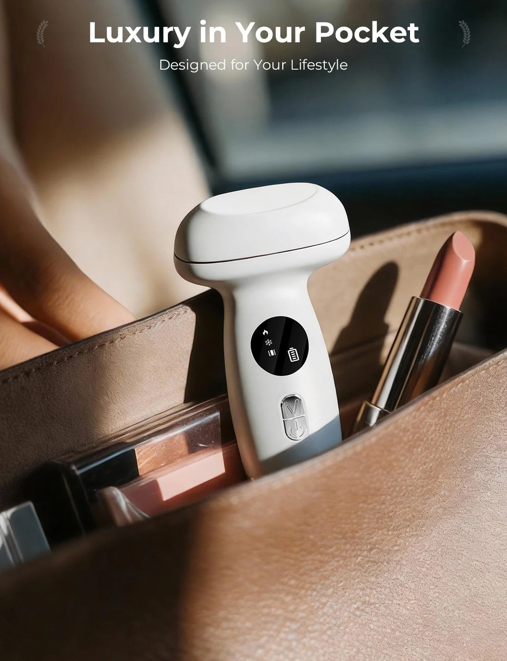 NACRE FORM™ portable LED facial massager placed inside a handbag alongside everyday beauty essentials. The compact electric gua sha face and neck device features a handheld design for convenient skincare at home or while travelling. A cordless facial beauty tool with LED light therapy, warming and cooling functions, designed for facial massage, daily self-care and on-the-go skincare routines.