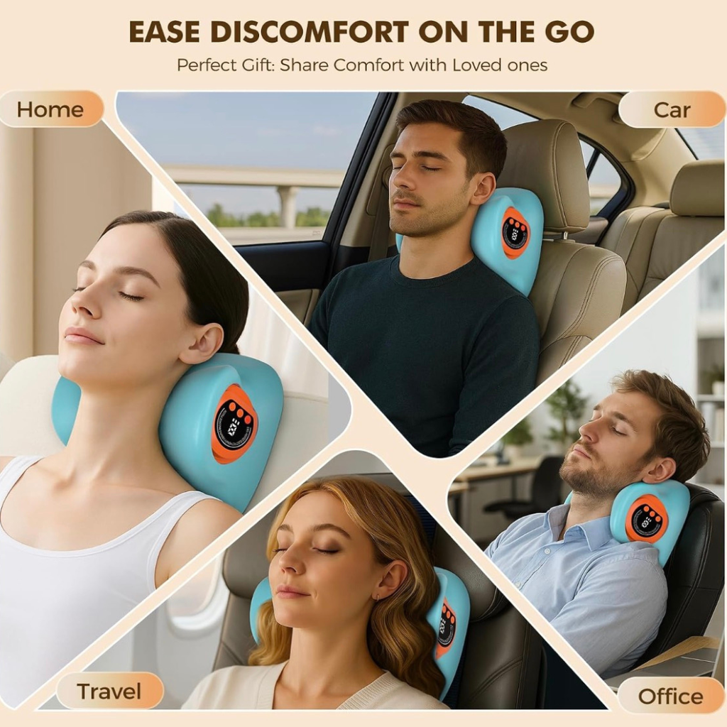 NACRE FORM™ portable heated neck massager shown in home, car, travel and office settings, offering convenient neck support and a relaxing massage experience during breaks from a busy daily routine.