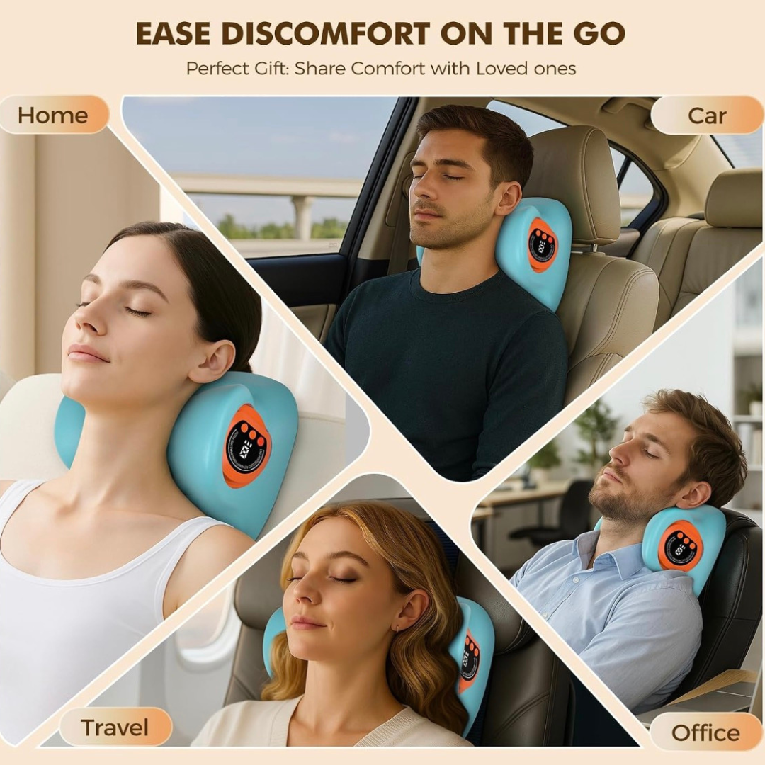 NACRE FORM™ portable heated neck massager shown in home, car, travel and office settings, offering convenient neck support and a relaxing massage experience during breaks from a busy daily routine.