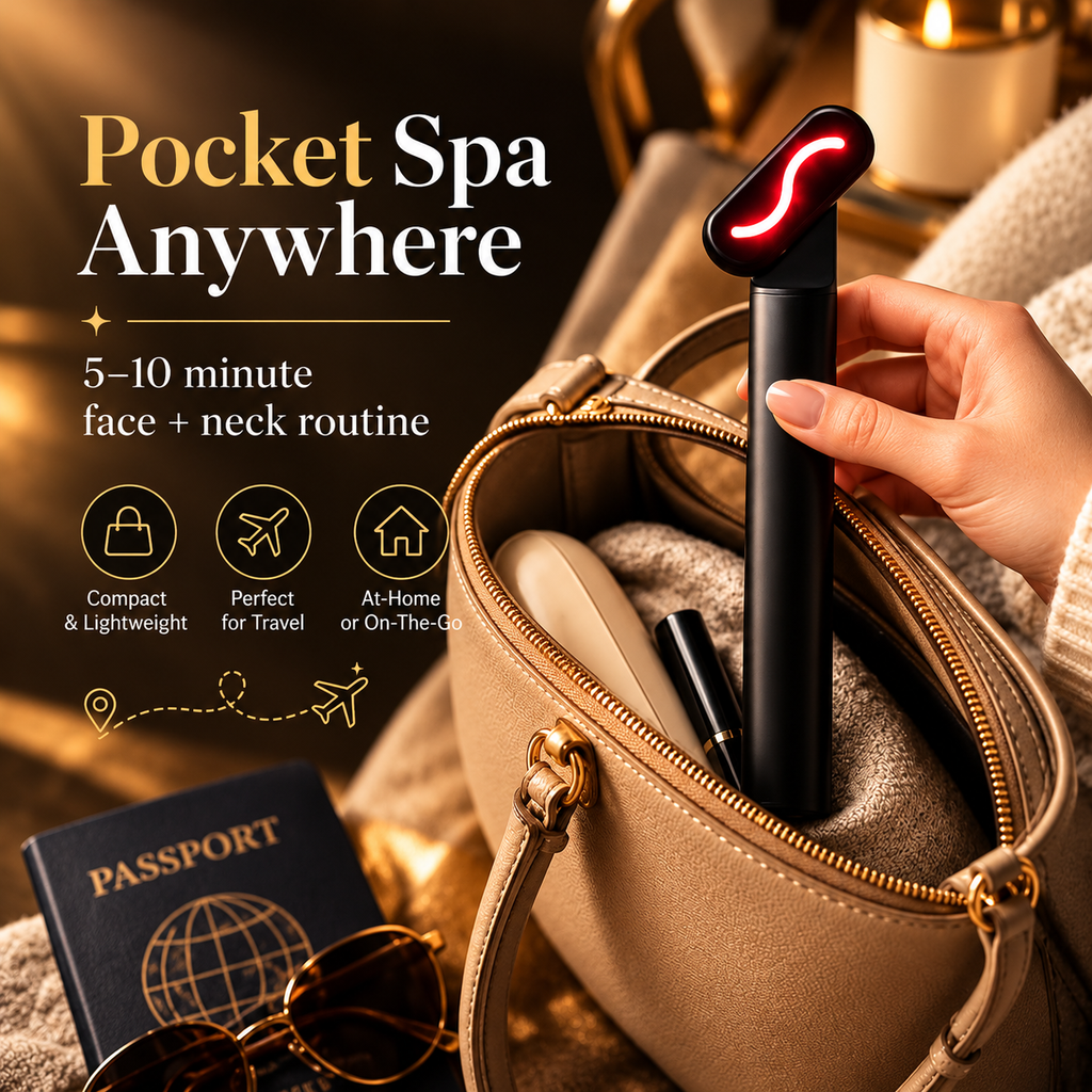 NACRE FORM™ portable red light therapy wand for face and neck presented in a luxury travel skincare scene, featuring a compact black handheld LED facial beauty device with a glowing red light treatment head held above an open beige leather handbag. The image highlights the lightweight, travel-friendly design of the red light face wand alongside a passport, sunglasses and personal care essentials, demonstrating how this portable facial skincare tool can fit into an everyday beauty routine at home 