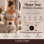 NACRE FORM™ PowerBelt Premium rechargeable EMS abdominal toning belt in an elegant beige and gold design, featuring 20 adjustable intensity levels, electrical muscle stimulation technology, red light therapy, blue light therapy and soothing heat therapy. This wearable abdominal muscle stimulator and core toning belt includes a digital control panel and is designed for convenient at-home use as part of a daily fitness, body toning and wellness routine.