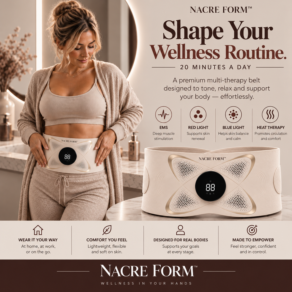 NACRE FORM™ PowerBelt Premium rechargeable EMS abdominal toning belt in an elegant beige and gold design, featuring 20 adjustable intensity levels, electrical muscle stimulation technology, red light therapy, blue light therapy and soothing heat therapy. This wearable abdominal muscle stimulator and core toning belt includes a digital control panel and is designed for convenient at-home use as part of a daily fitness, body toning and wellness routine.