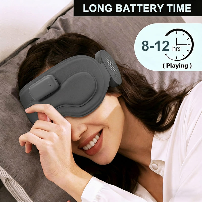 Woman lying comfortably in bed wearing a NACRE FORM™ rechargeable Bluetooth sleep mask with integrated padded headphones. The product image highlights the advertised 8–12 hour battery life, designed for extended wireless audio listening, nighttime relaxation, sleep routines and travel without frequent recharging.