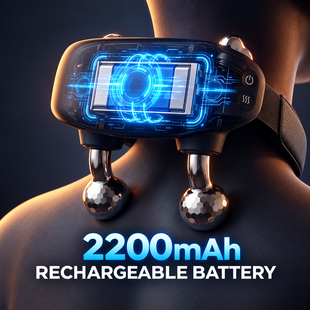 NACRE FORM™ rechargeable cordless Shiatsu neck and shoulder massager featuring a 2200mAh battery capacity infographic with a glowing blue digital battery illustration. The premium product image shows a black wearable electric neck massager positioned around the back of the neck, with metallic kneading massage heads, adjustable straps and integrated control buttons. The futuristic battery visual highlights the portable design and rechargeable technology of this heated neck and shoulder massage device