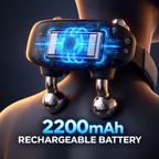 NACRE FORM™ rechargeable cordless Shiatsu neck and shoulder massager featuring a 2200mAh battery capacity infographic with a glowing blue digital battery illustration. The premium product image shows a black wearable electric neck massager positioned around the back of the neck, with metallic kneading massage heads, adjustable straps and integrated control buttons. The futuristic battery visual highlights the portable design and rechargeable technology of this heated neck and shoulder massage device