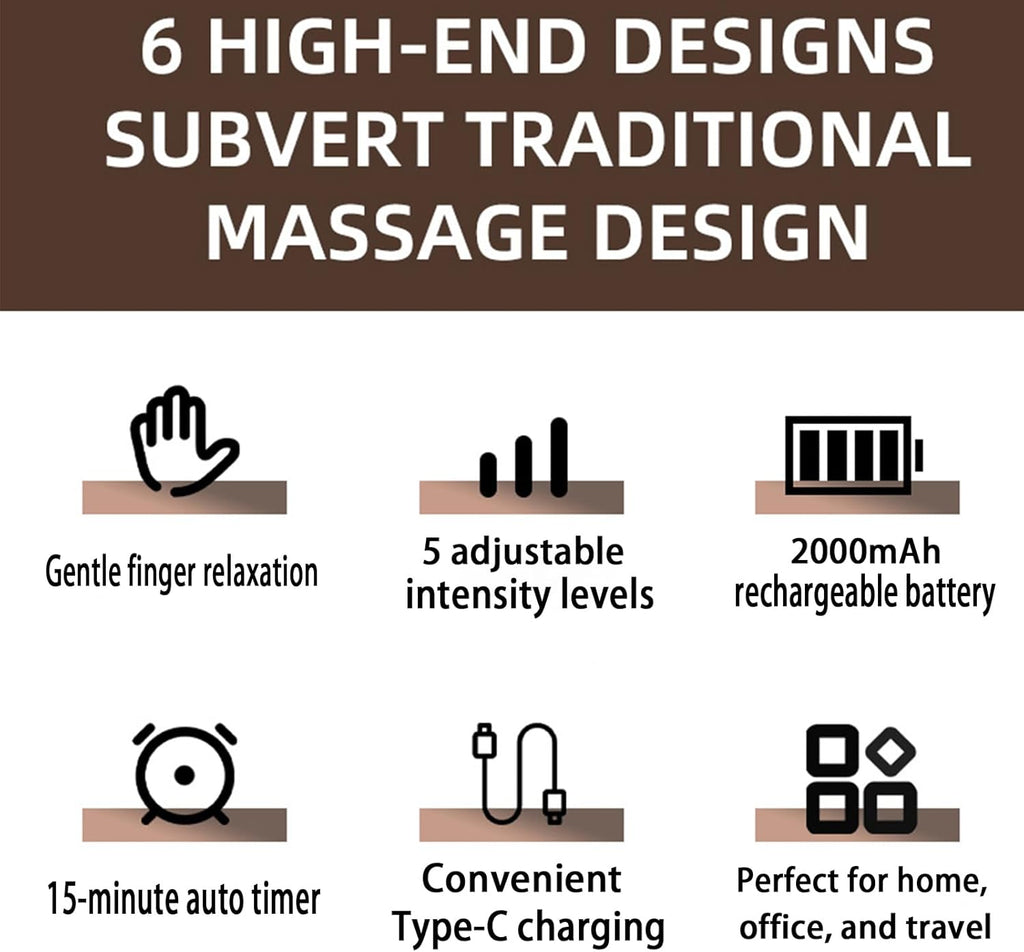 NACRE FORM™ rechargeable electric hand massager featuring adjustable compression intensity, a 15-minute timer, USB-C charging and a 2000mAh battery for convenient hand massage at home or in the office.