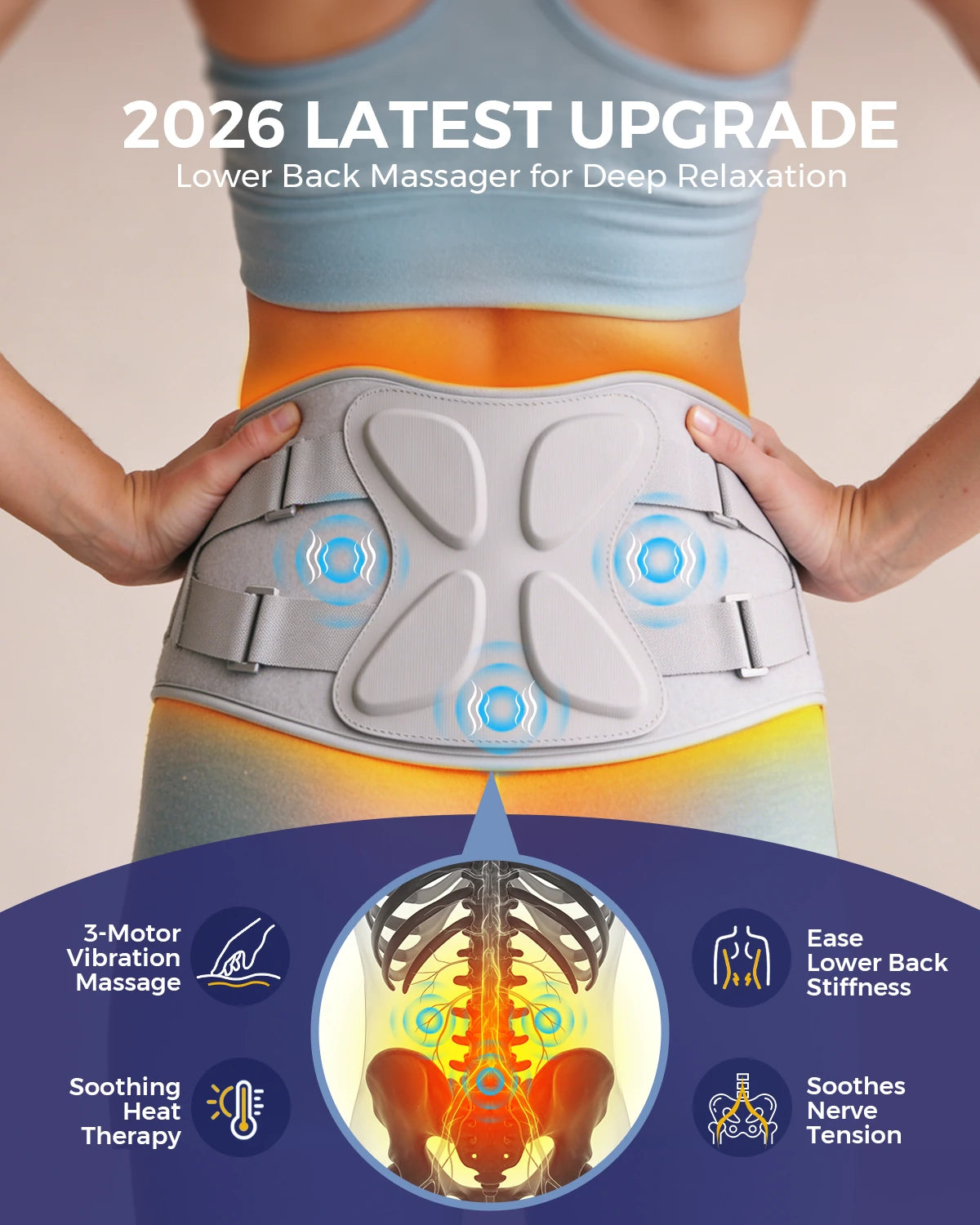 NACRE FORM™ rechargeable lumbar massager belt shown on a woman's lower back with an illustrated heating and vibration massage system. The product infographic highlights three targeted vibration motors, soothing heat settings and ergonomic lower back support. This cordless heated back massager is designed for relaxing massage, comforting warmth and convenient everyday use at home.