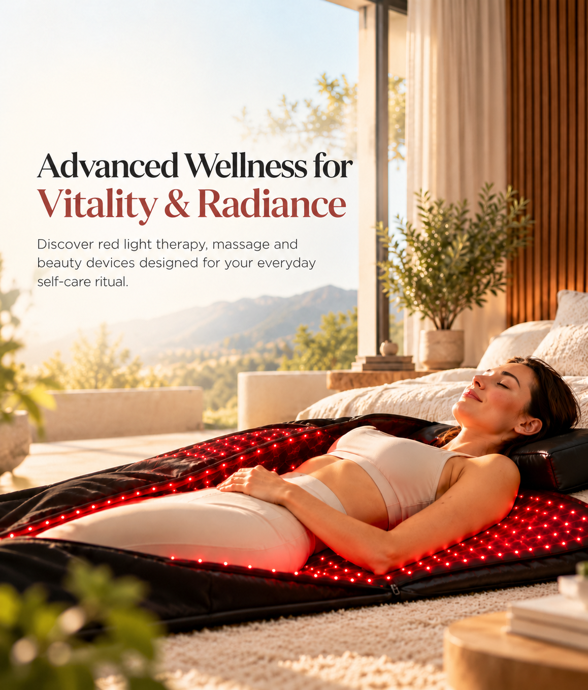 NACRE FORM™ mobile homepage banner featuring a woman relaxing on a full-body red light therapy blanket with glowing red LED lights in a luxurious, sunlit bedroom. Discover premium red light therapy, near-infrared LED wellness devices, at-home massage products and beauty technology designed for everyday self-care, relaxation, post-workout recovery routines and personal wellness. Advanced Wellness for Vitality & Radiance.