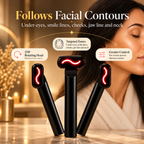 NACRE FORM™ handheld red light therapy wand for face and neck displayed in three adjustable positions to demonstrate its 270-degree rotating treatment head and ergonomic design for targeted facial skincare. The luxury beauty infographic features three black LED red light face wands with illuminated red treatment heads beside a woman with smooth-looking skin, highlighting facial contours and skincare areas including the forehead, cheeks, smile lines, jawline and neck.