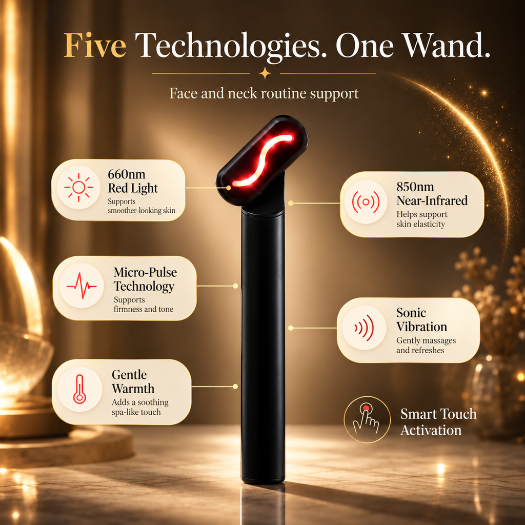 NACRE FORM™ 5-in-1 red light therapy wand for face and neck displayed in a luxury gold-toned skincare infographic, featuring a black handheld LED facial beauty device with 660nm red light, 850nm near-infrared light, micro-pulse technology, sonic vibration and gentle warmth. The illustration highlights the five skincare technologies and smart touch activation, presenting a compact red light face wand designed for targeted facial care, at-home beauty routines and everyday skincare.