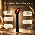 NACRE FORM™ 5-in-1 red light therapy wand for face and neck displayed in a luxury gold-toned skincare infographic, featuring a black handheld LED facial beauty device with 660nm red light, 850nm near-infrared light, micro-pulse technology, sonic vibration and gentle warmth. The illustration highlights the five skincare technologies and smart touch activation, presenting a compact red light face wand designed for targeted facial care, at-home beauty routines and everyday skincare.
