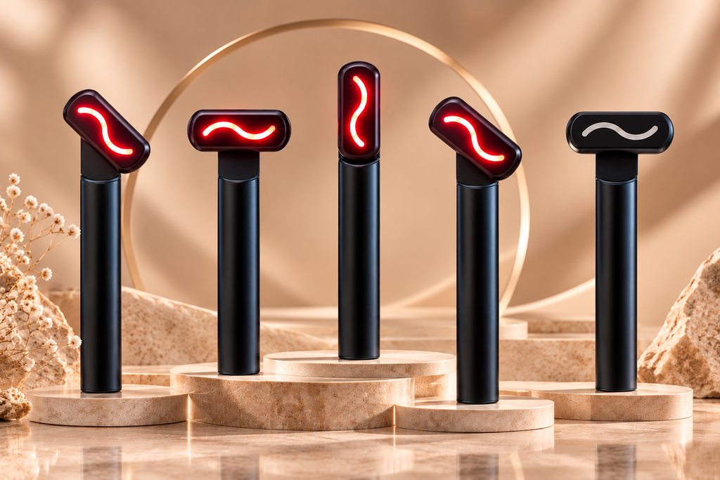 Five black handheld red light therapy face wands displayed in different adjustable head positions on elegant beige marble pedestals against a luxurious champagne-gold background. The NACRE FORM™ product showcase highlights the compact LED facial skincare device, its rotating treatment head, illuminated red light technology and flexible positioning for targeted face and neck care. Four wands display glowing red LED treatment heads at different angles, while the fifth shows the device with its red light switc