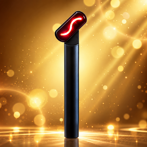 NACRE FORM™ red light therapy wand for face and neck displayed against a luxurious golden background with soft glowing lights, featuring a sleek black handheld LED facial beauty device with an illuminated red treatment head. This close-up product image highlights the compact design of a portable red light face wand for targeted facial skincare, at-home LED light therapy routines and modern beauty treatments. The handheld skincare tool is presented as a convenient addition to an everyday anti-ageing skincare