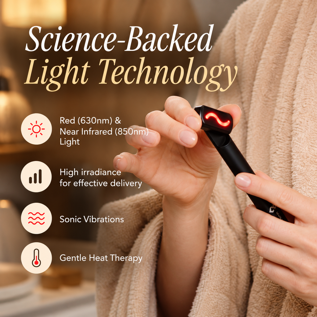 NACRE FORM™ red light therapy wand for face and neck displayed in five different adjustable head positions on elegant beige marble pedestals against a luxurious champagne-gold background. The product image features five sleek black handheld LED facial skincare devices, with four illuminated red light treatment heads positioned at different angles and one showing the light switched off. This detailed beauty product showcase highlights the rotating treatment head, flexible positioning and compact ergonomic