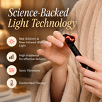 NACRE FORM™ red light therapy wand for face and neck displayed in five different adjustable head positions on elegant beige marble pedestals against a luxurious champagne-gold background. The product image features five sleek black handheld LED facial skincare devices, with four illuminated red light treatment heads positioned at different angles and one showing the light switched off. This detailed beauty product showcase highlights the rotating treatment head, flexible positioning and compact ergonomic