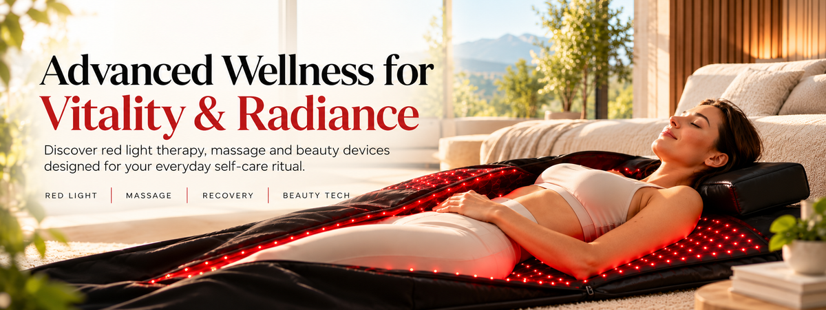 NACRE FORM™ homepage banner showcasing premium red light therapy, massage and beauty technology for at-home wellness. A woman relaxes on a full-body red light therapy blanket with glowing LED lights in a luxurious, sunlit bedroom. The banner introduces NACRE FORM™ wellness devices for everyday self-care, relaxation, post-workout routines and beauty care, including red light therapy blankets, near-infrared LED therapy mats and home massage devices.