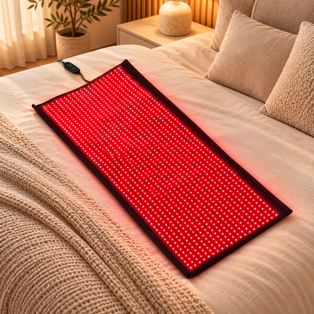 NACRE FORM™ Full Body Red Light Therapy Blanket shown as a single illuminated LED therapy mat on a luxurious cream-coloured bed in a premium home wellness setting. Featuring a flexible black design, densely arranged glowing red LEDs and a wired controller, this detachable red light therapy panel is part of a convertible full-body blanket system with 660nm red light, 850nm near-infrared technology and 2,520 LEDs across the complete blanket.