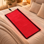 NACRE FORM™ Full Body Red Light Therapy Blanket shown as a single illuminated LED therapy mat on a luxurious cream-coloured bed in a premium home wellness setting. Featuring a flexible black design, densely arranged glowing red LEDs and a wired controller, this detachable red light therapy panel is part of a convertible full-body blanket system with 660nm red light, 850nm near-infrared technology and 2,520 LEDs across the complete blanket.