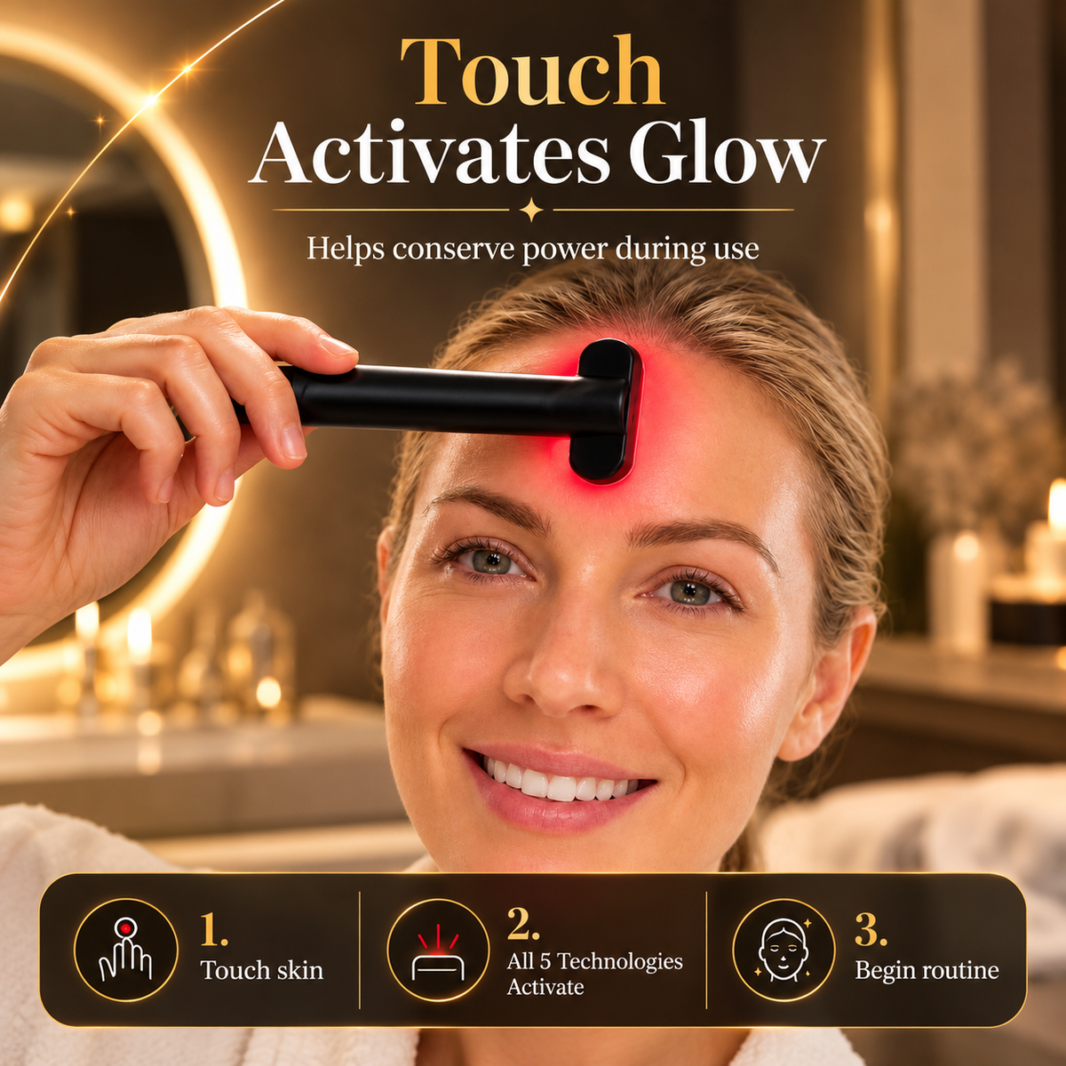 Woman using the NACRE FORM™ 5-in-1 red light therapy wand on her forehead during an at-home facial skincare routine, demonstrating the smart touch activation feature of this handheld LED beauty device. The luxury skincare image shows the red light face wand illuminating the forehead with a gentle red glow, while the infographic explains three simple steps: touching the skin, activating the five skincare technologies and beginning a facial care session.