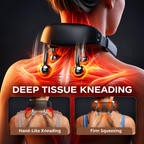 NACRE FORM™ Shiatsu neck and shoulder massager demonstrating deep tissue kneading massage with rotating metal massage heads positioned around the neck, shoulders and upper trapezius muscles. The detailed product infographic features a black cordless electric neck massager with an ergonomic wearable design, adjustable straps and illuminated anatomical muscle illustrations showing the massage contact areas. Two close-up panels demonstrate hand-like kneading movements and firm squeezing massage techniques