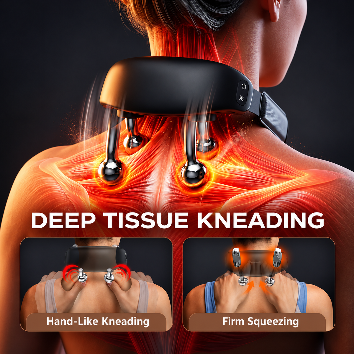 NACRE FORM™ Shiatsu neck and shoulder massager demonstrating deep tissue kneading massage with rotating metal massage heads positioned around the neck, shoulders and upper trapezius muscles. The detailed product infographic features a black cordless electric neck massager with an ergonomic wearable design, adjustable straps and illuminated anatomical muscle illustrations showing the massage contact areas. Two close-up panels demonstrate hand-like kneading movements and firm squeezing massage techniques