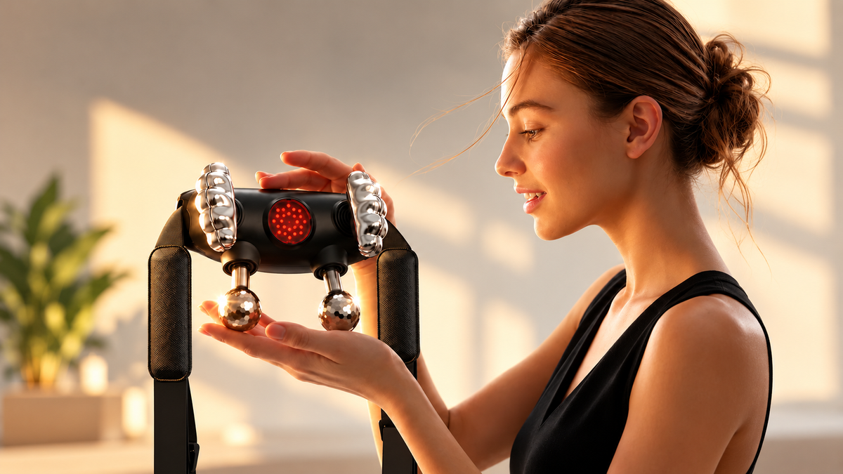 NACRE FORM™ Shiatsu neck and shoulder massager with massage rollers, red LED light and ergonomic handles, designed for at-home neck and shoulder relaxation, soothing everyday muscle tension and easing stiffness after long working hours. Wide lifestyle banner featuring a woman holding the black electric massage device with metallic massage heads in a warm, premium wellness setting.