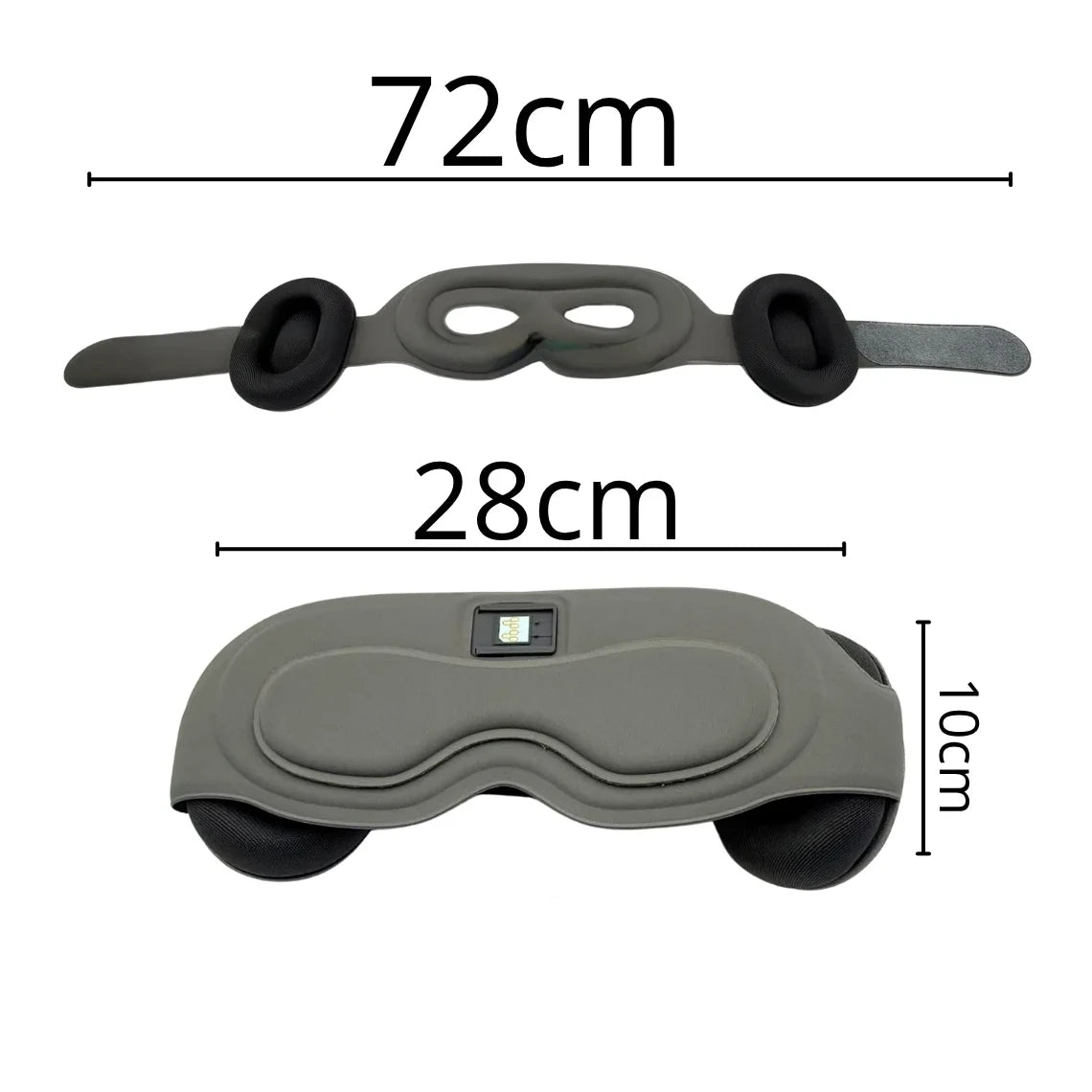NACRE FORM™ AI Smart Sleep Mask size guide showing the adjustable headband with an illustrated length of 72 cm, a front eye mask width of approximately 28 cm and a height of 10 cm. The diagram displays the contoured blackout eye cover, padded Bluetooth headphones and flexible design to help shoppers understand the product dimensions.