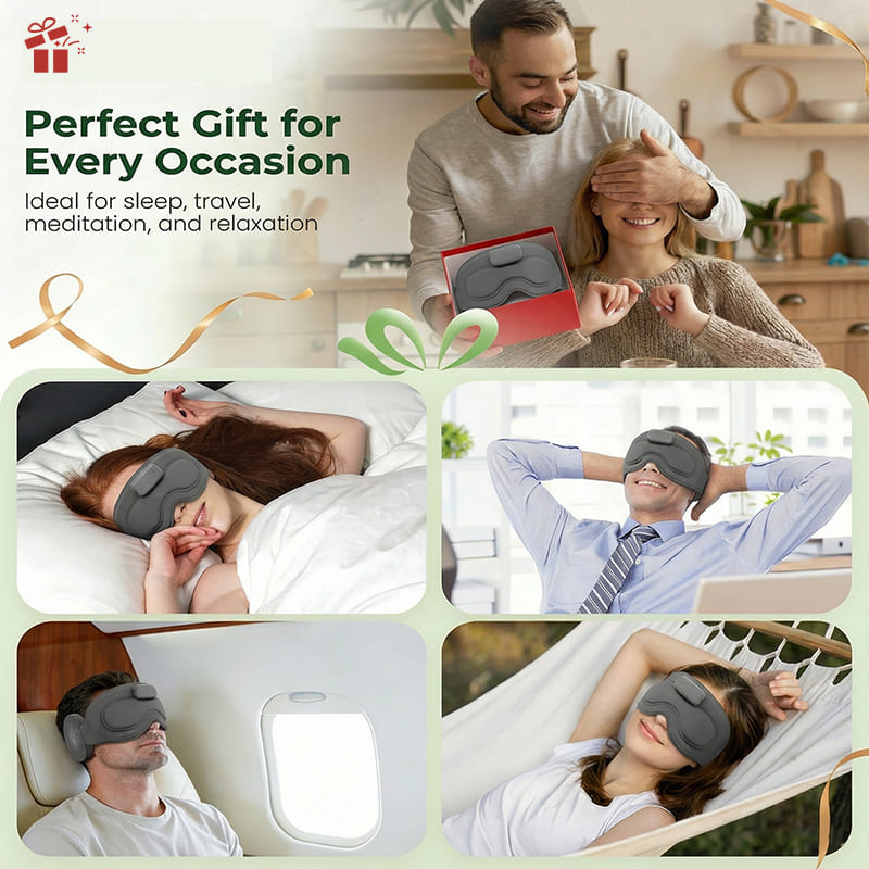 Lifestyle collage showing the NACRE FORM™ Bluetooth sleep mask being used for relaxation at home, quiet rest and travel, alongside a gift-themed family scene. The adjustable blackout eye mask with integrated wireless headphones is presented as a practical sleep and wellness gift for adults who enjoy meditation, music and comfortable downtime.