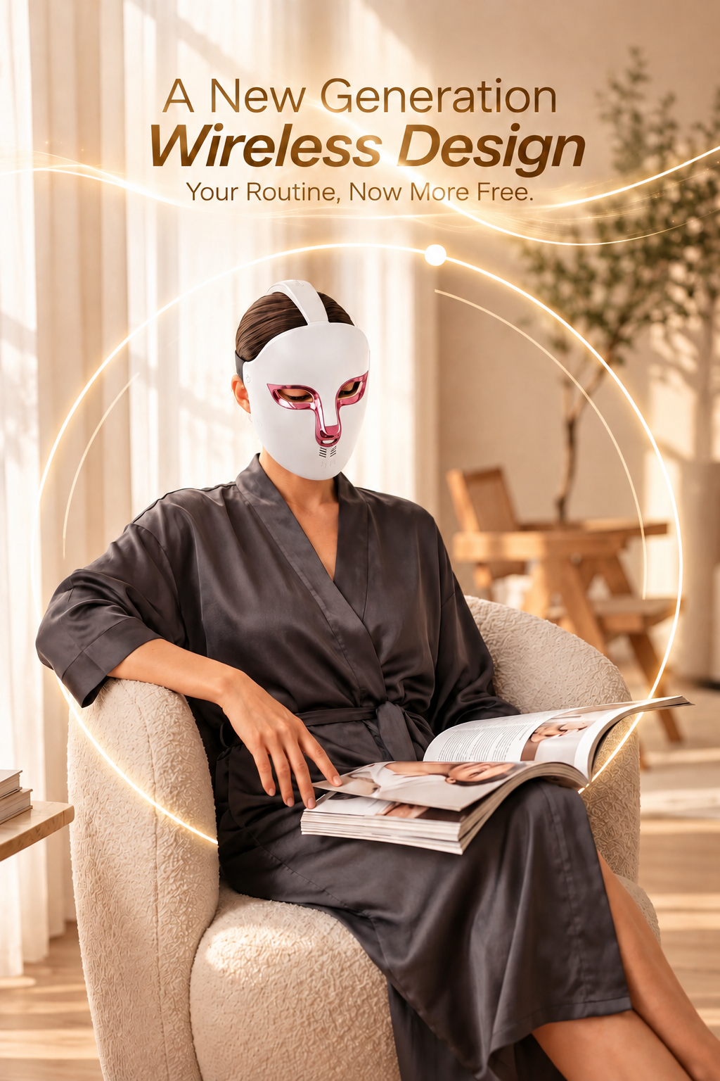 Woman relaxing in a luxury home setting while wearing a white and silver NACRE FORM™ wireless LED red light therapy face mask and reading a beauty magazine. The rechargeable LED facial skincare device features a comfortable hands-free design with an adjustable head strap, making it suitable for everyday at-home skincare and self-care routines. The red light therapy face mask offers four LED light settings, including red, blue, pink and near-infrared light, combining modern facial beauty technology with the 