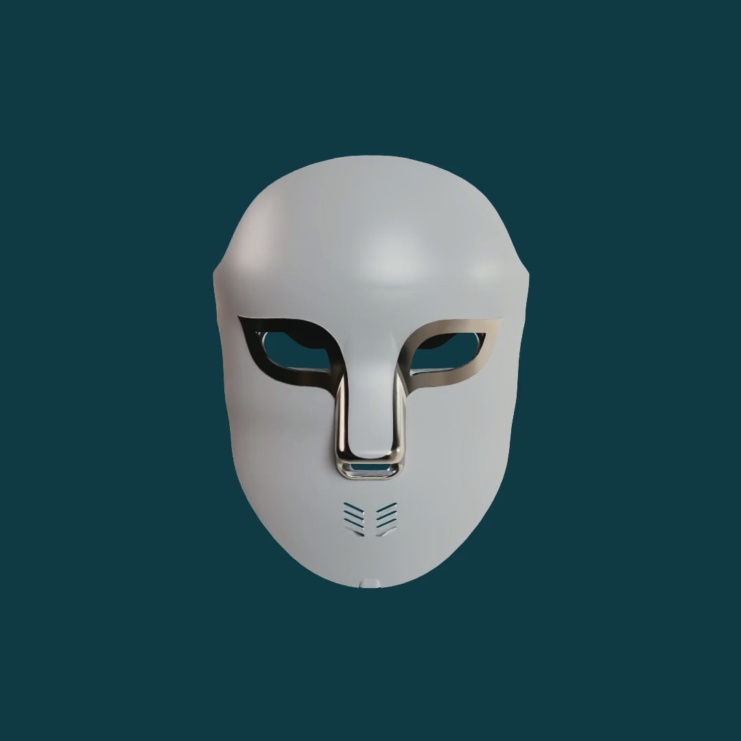 NACRE FORM LED light therapy face mask shown in a 360-degree product view, featuring a white shell, metallic eye detailing and an adjustable black head strap for at-home skincare.
