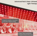 Close-up animation of red and near-infrared LEDs in a heated back massager, illustrating the light-based heating feature of the NACRE FORM™ lumbar support belt and its placement against the lower back during a visual demonstration of the red light heating system.