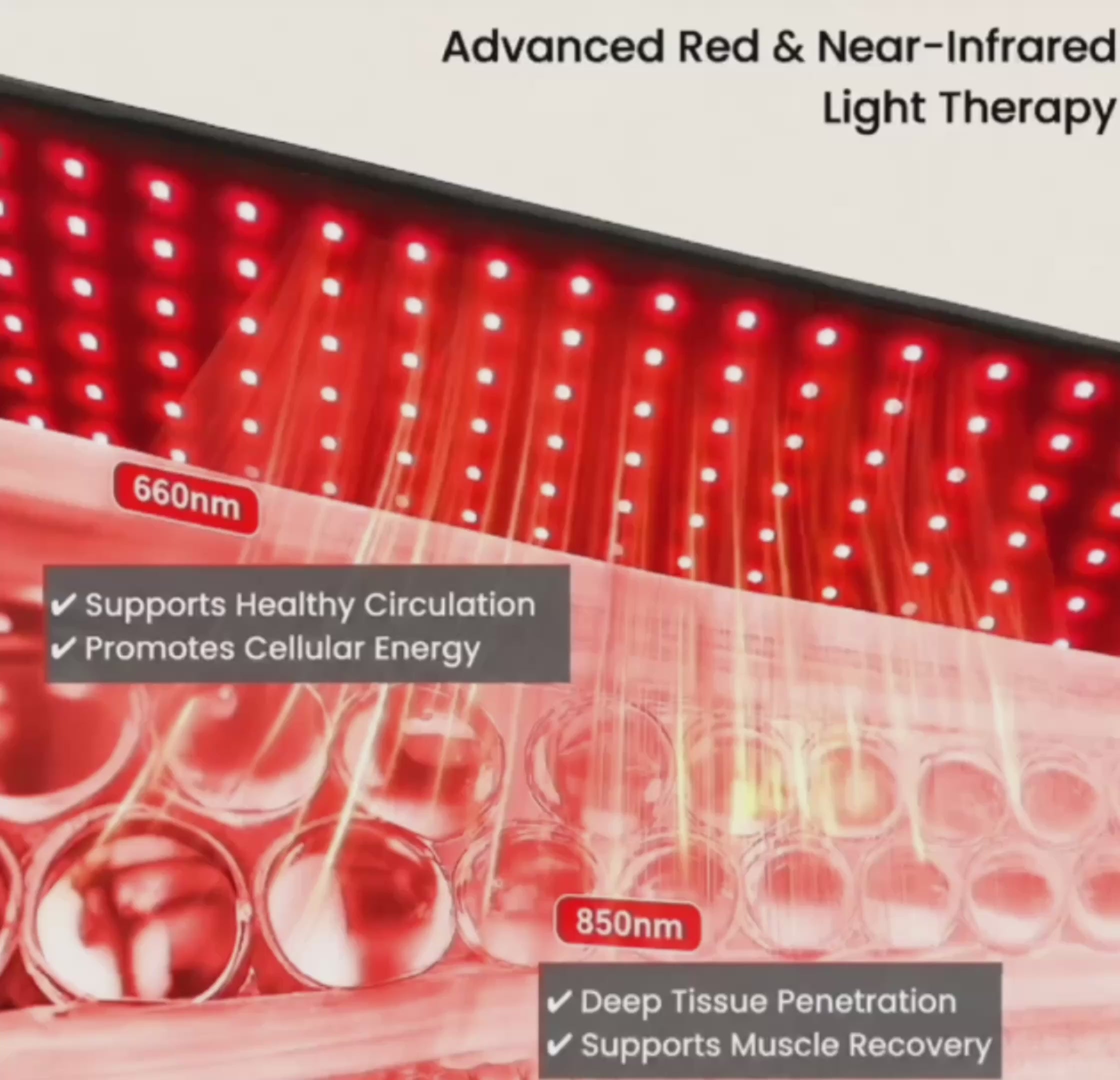 Close-up animation of red and near-infrared LEDs in a heated back massager, illustrating the light-based heating feature of the NACRE FORM™ lumbar support belt and its placement against the lower back during a visual demonstration of the red light heating system.
