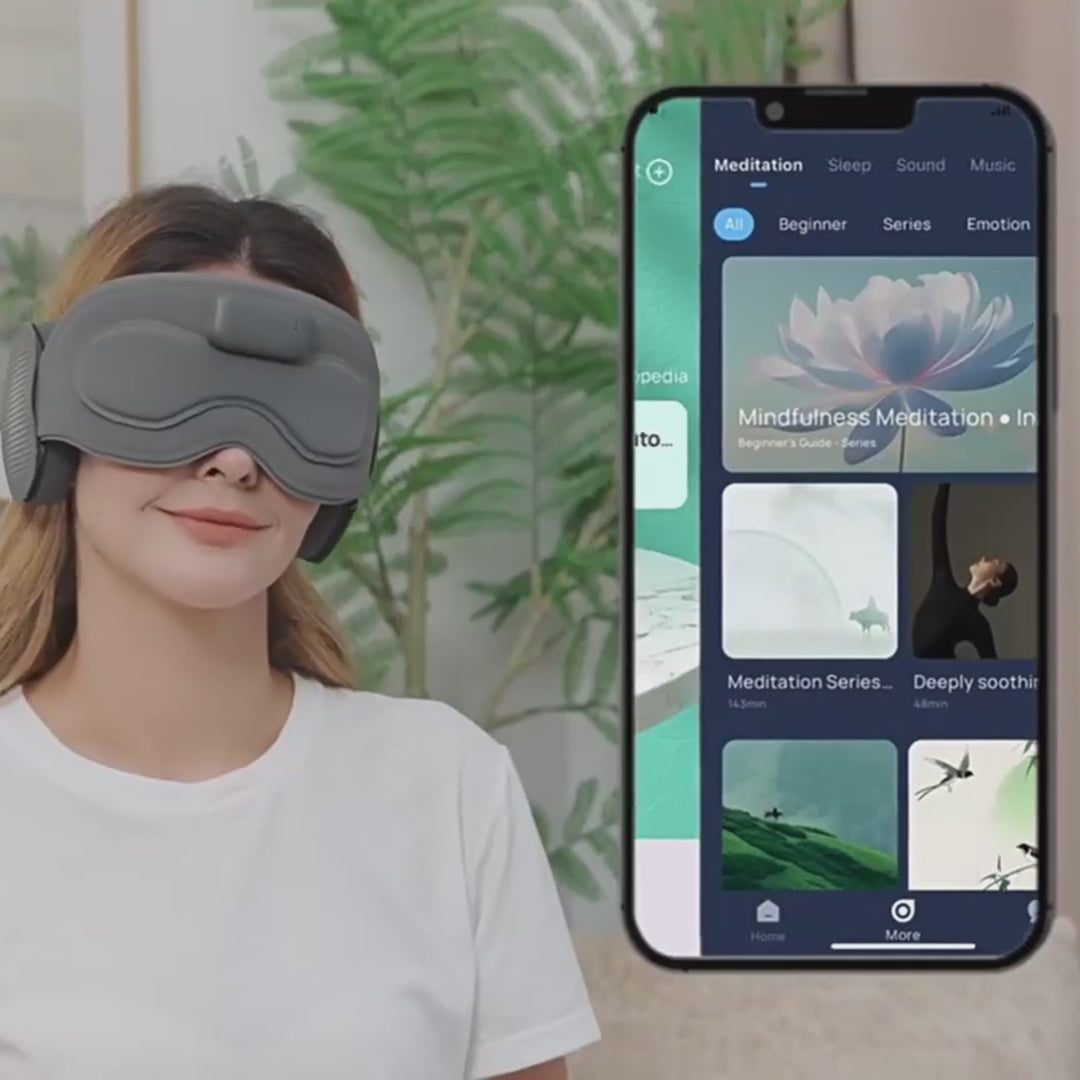 NACRE FORM™ AI Smart Sleep Mask with Bluetooth headphones, 3D blackout memory foam design, smart sleep monitoring and hot and cold gel eye therapy. Short product video highlighting wireless audio, comfortable relaxation, soothing eye care and convenient use for sleep, meditation, daytime naps and travel.